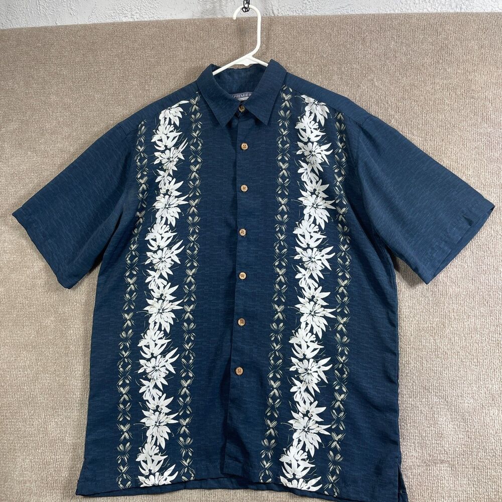 Premier International Shirt Mens M Hawaiian Navy Blue Tropical Floral Aloha